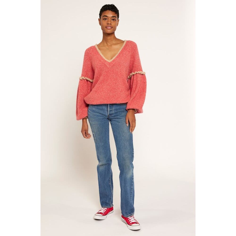 Joie Bodie V Neck Ruffle Sleeve Sweater Size Red Ponciana Cozy Feminine Chic - Picture 2 of 9